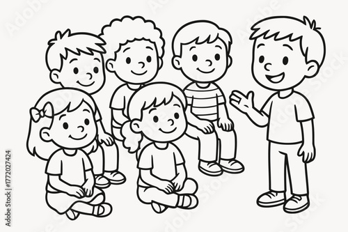 Happy Listening Kids. Audience listening skills children?s coloring book illustration, outlined drawing, a group of kids sitting quietly with happy faces and