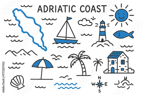 Adriatic Coastal Doodle. // Adriatic coast. Hand-drawn doodle illustration Adriatic coast [coastal map (accented), sailboat (accented), lighthouse (accented),
