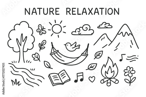 Nature Doodle Escape. Nature relaxation. Hand-drawn doodle illustration nature relaxation tree, river, mountain, hammock, sun, clouds, leaves, bird, butterfly,