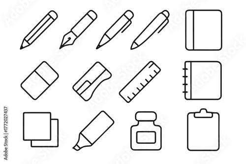 Writing Tools Icons. Writing Tools. Line icon set of Writing Tools: pencil, fountain pen, ballpoint pen, mechanical pencil, eraser, sharpener, ruler, notebook,