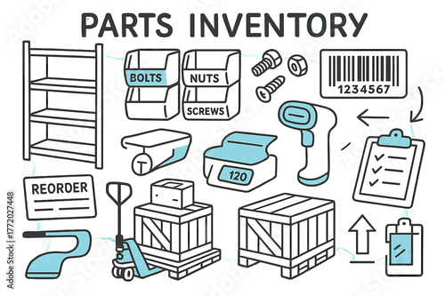 Parts Inventory Doodle. // Parts inventory. Hand-drawn doodle illustration Parts inventory [shelving rack, labeled bins (accented), small fasteners, barcode