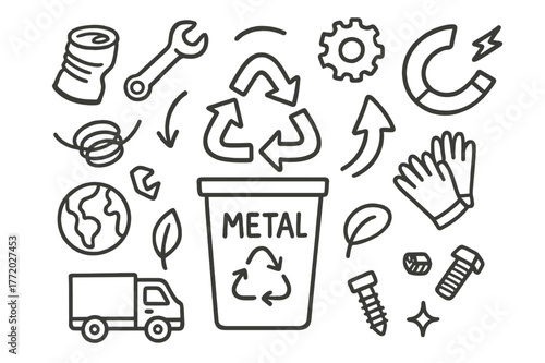 Metal Recycling Doodle. Recycling metal. Hand-drawn doodle illustration recycling metal recycling bin, can, scrap metal, wrench, gear, arrows, magnet, truck,