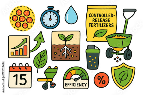 Fertilizer Doodles and Icons. Controlled-release fertilizers. Colorful Hand-drawn doodle Children illustration Controlled-release fertilizers coated granules,