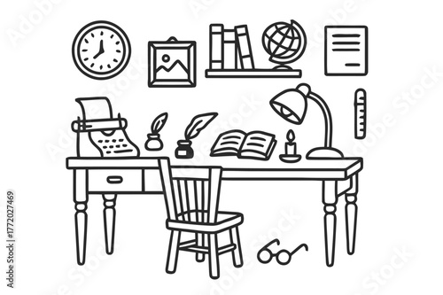 Vintage Study Room. Old-school study room. Hand-drawn doodle illustration Old-school study room desk, chair, lamp, book, typewriter, clock, quill, ink bottle,