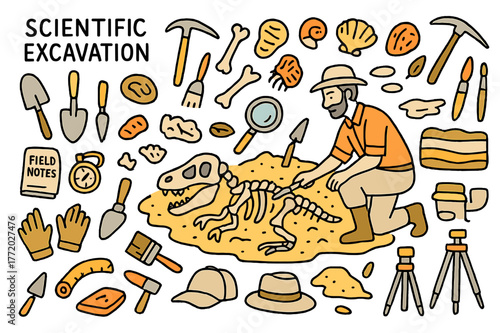 Colorful Paleontology Doodles. Scientific excavation. Hand-drawn doodle illustration paleontologist (colored), dinosaur skeleton (colored), fossils (colored),