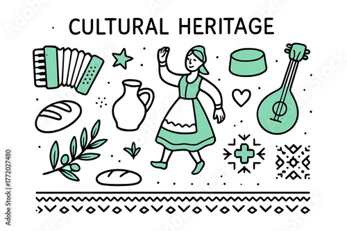 Cultural Heritage Icons. // Cultural heritage. Hand-drawn doodle illustration Cultural heritage [folk dancer (accented), accordion (accented), traditional hat