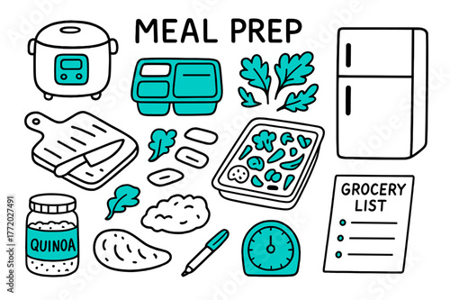 Meal Prep Essentials. // Meal prep. Hand-drawn doodle illustration Meal prep [rice cooker, chopping board, meal boxes (accented), lids, salad greens, roasted