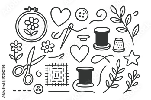 Embroidery Tools Doodle. Embroidery patterns. Hand-drawn doodle illustration embroidery patterns hoop, needle, thread, flower, heart, leaf, swirl, stitch line,