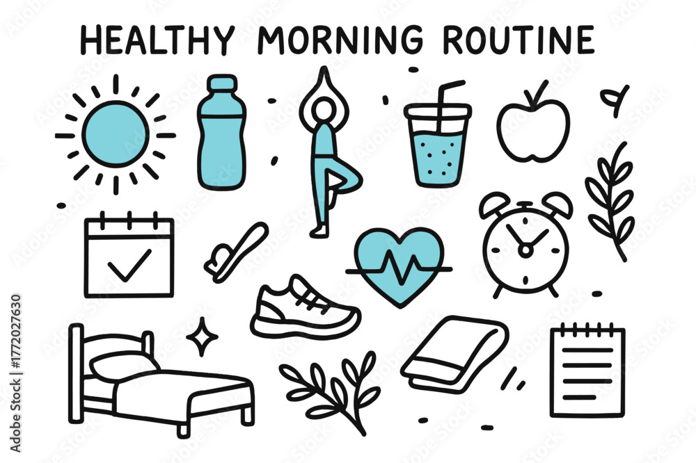 Fototapeta premium Energizing Morning Doodle. Healthy morning routine. Hand-drawn doodle illustration healthy morning routine [sunrise (accented), water bottle (accented), yoga
