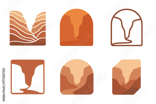 Canyon Logo Variations. Desert canyon. Set Logo of Desert canyon: layered sandstone strata. harmonious logo variations of the same emblematic concept, each