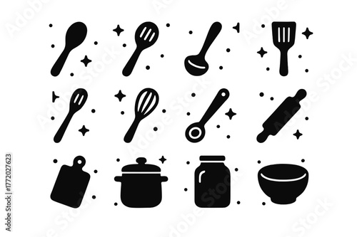 Wooden Spoon Icons. Wooden Spoon. Solid icons set of Wooden Spoon: cooking spoon, slotted spoon, ladle, spatula, fork, whisk, measuring spoon, rolling pin,