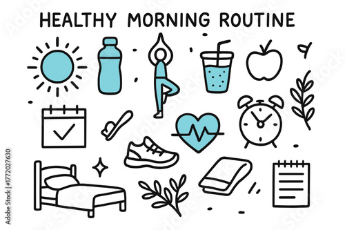 Energizing Morning Doodle. Healthy morning routine. Hand-drawn doodle illustration healthy morning routine [sunrise (accented), water bottle (accented), yoga