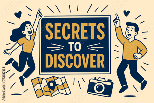 Discover Secrets Banner. Secrets to discover banner, flat vector illustration, bold oversized text inside rectangular frame, cartoon characters pointing and