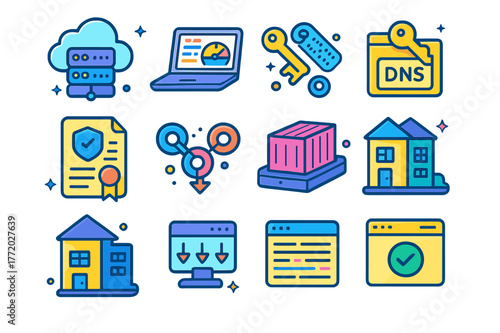 Isometric Web Icons Set. Web hosting and deployment. Colorful isometric vector icons set of web hosting and deployment: cloud server, control panel, SSH keys,