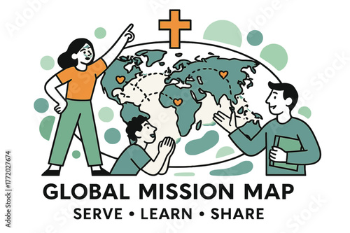 Global Mission Map. Global Mission Map. A gentle cross icon sits above a world map with dotted flight paths; small hearts mark partner communities. Text reads