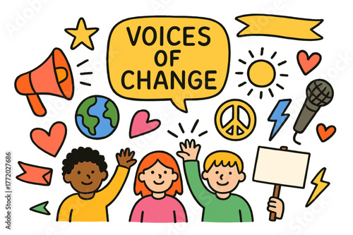 Voices of Change Icons. Voices of change. Colorful Hand-drawn doodle Children illustration Voices of change megaphone, speech bubble, raised hands, globe,