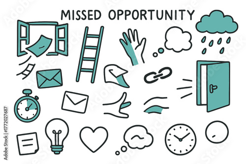 Missed Opportunity Doodle. // Missed opportunity. Hand-drawn doodle illustration missed opportunity [open window (accented), flying paper (accented), ladder,