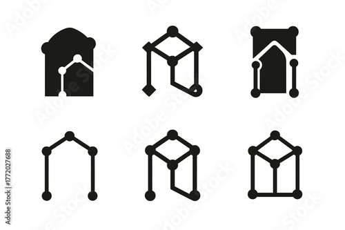 Interlinked Network Logos. Professional networking. Set Logo of Professional networking: interlinked nodes forming doorway. harmonious logo variations of the