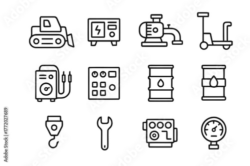Industrial Icon Set. Industrial equipment. Line icon set of industrial equipment: bulldozer, generator, compressor, pump, welding machine, control panel, oil