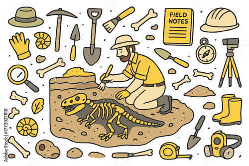 Colorful Dinosaur Excavation Scene. Dinosaur excavation. Hand-drawn doodle illustration paleontologist (colored), dinosaur skeleton (colored),
