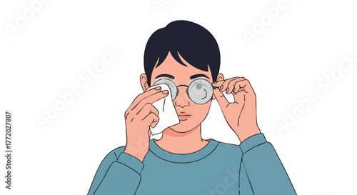 Young person wiping fogged glasses while wearing a sweater in winter  