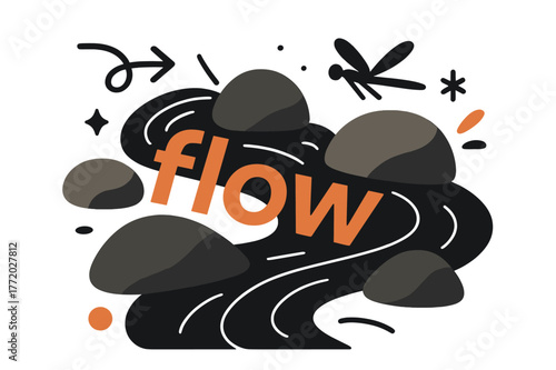 Flowing Stream Harmony. Pebble ? Stream Whisper. Water glides between stones with thin highlight lines; text ?flow? drifts along the curve. A dragonfly