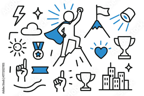 Heroic Symbols Doodle. Heroic moment. Hand-drawn doodle illustration heroic moment cape figure (accented), star burst (accented), lightning bolt, mountain peak