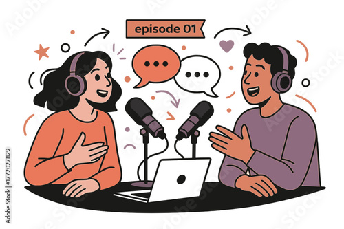 Podcast Studio Vibes. Radio Studio Desk ? Podcast Duo. Two mics face each other over a laptop; speech bubbles bounce between them. A tiny banner says ?episode