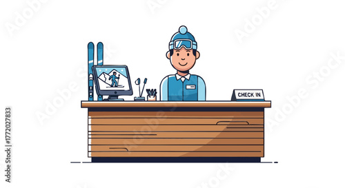 Ski resort check-in desk with employee smiling and assisting guests  