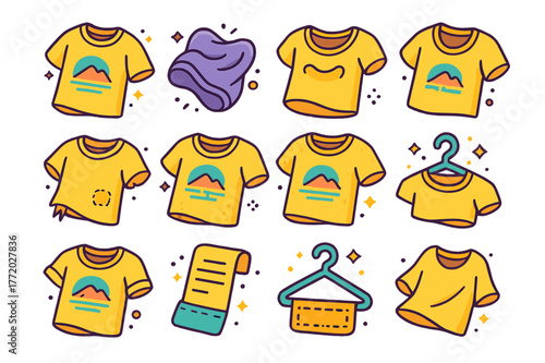 Colorful T-shirt Icon Set. Worn T-shirt. Colorful isometric vector icons set of Worn T-shirt: faded cotton tee, wrinkled fabric fold, loose neckline, small