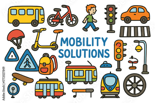 Colorful Mobility Doodles. mobility solutions. Colorful Hand-drawn doodle Children illustration mobility solutions bus, bicycle, scooter, pedestrian, car,