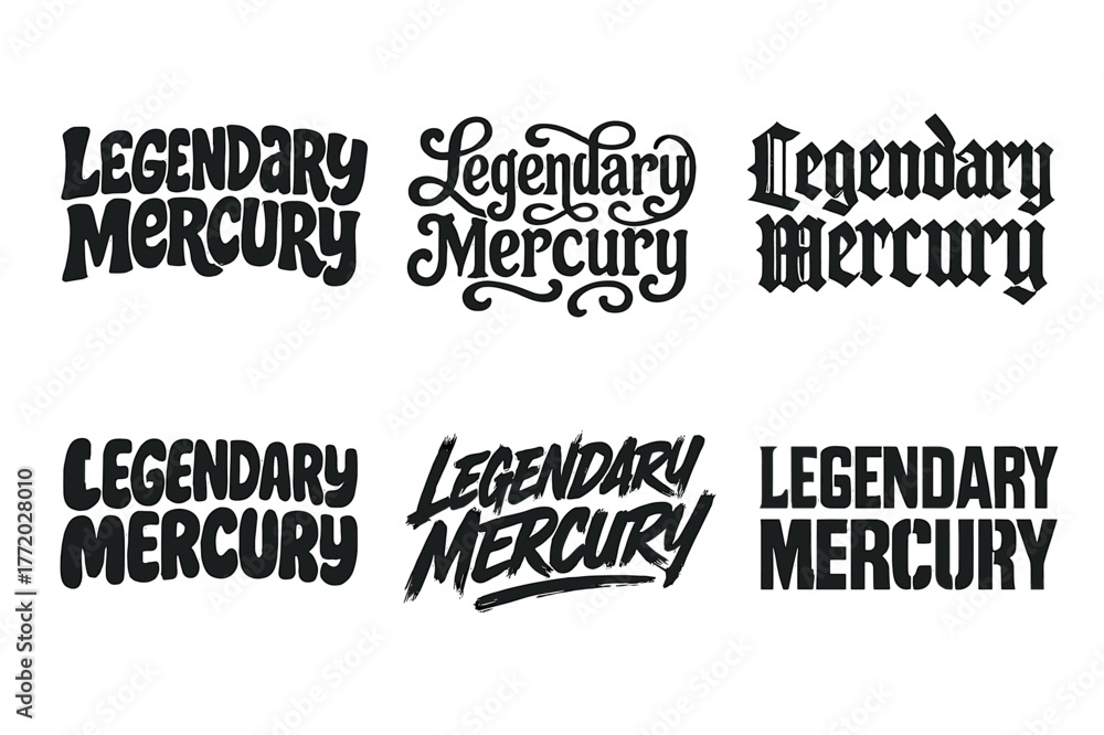 Obraz premium Diverse Lettering Styles Grid. Legendary Mercury. Set lettering. harmonious lettering variations of the same emblematic concept (Funky cartoon-style lettering,