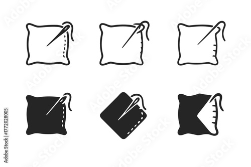 Sewing Logo Variations. Sewing pillowcase. Set Logo of Sewing pillowcase: needle stitching along edge. harmonious logo variations of the same emblematic