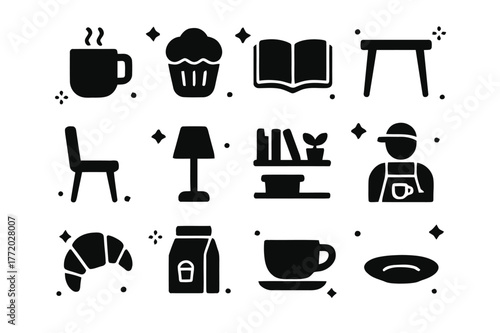 Reading Café Icons. Reading Café. Solid icons set of Reading Café: coffee mug, pastry, open book, table, chair, lamp, shelf, plant, barista cup, croissant,