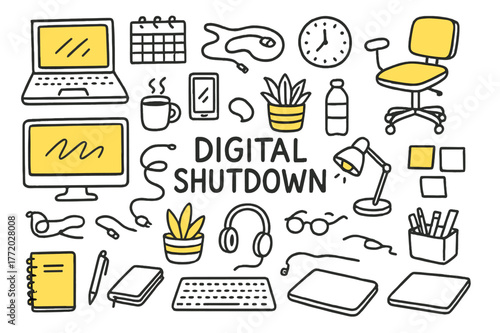 Digital Workspace Doodles. Digital shutdown. Hand-drawn doodle illustration laptop (colored), computer screen (colored), smartphone (colored), coffee cup