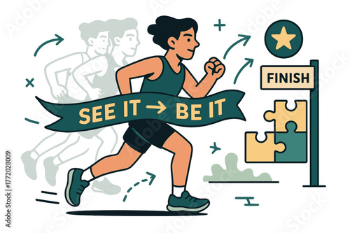 Runner's Visualization. Visualization & rehearsal. A runner imagines the finish as ghosted steps align; ?See it > Be it? ribbon glows. Goals lock into place