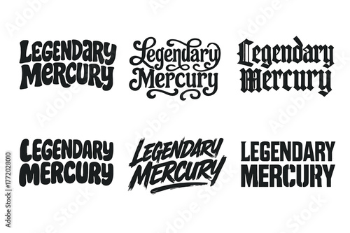 Diverse Lettering Styles Grid. Legendary Mercury. Set lettering. harmonious lettering variations of the same emblematic concept (Funky cartoon-style lettering,