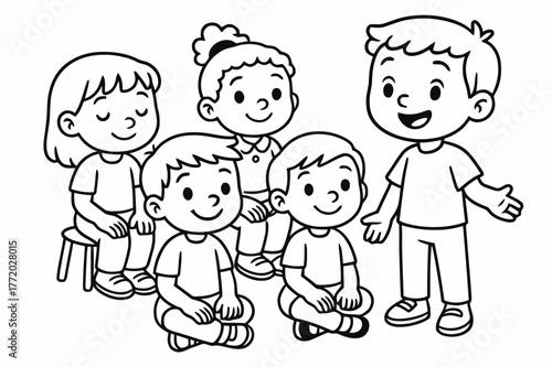 Happy Listening Kids. Audience listening skills children?s coloring book illustration, outlined drawing, a group of kids sitting quietly with happy faces and
