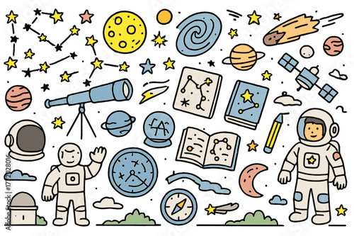 Astronomy Doodle Constellations. Astronomy maps. Hand-drawn doodle illustration constellations (colored), stars (colored), planets (colored), moon (colored),