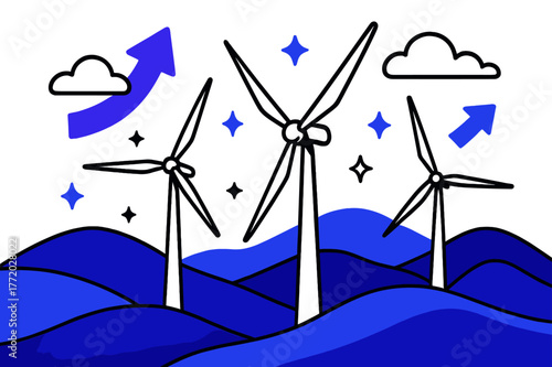 Renewable Energy Landscape. Rolling hills. Wind turbines on rolling hills with abstract floating arrows, clouds, and sparkles; conveys renewable energy,