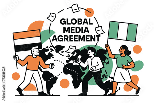 Global Media Treaty. Television licensing and regulations ? International broadcast treaty. Flags stylized as geometric color blocks; dotted lines connect