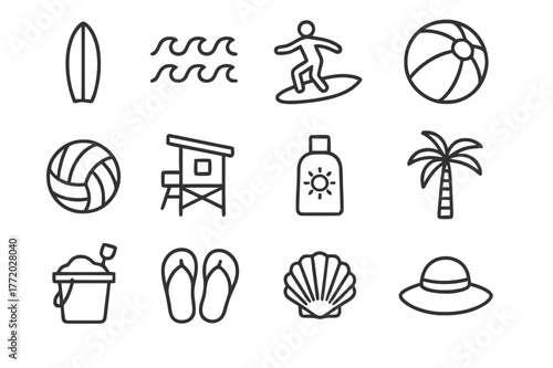 Beach Fun Icons. Outdoor beach fun. Line icon set of outdoor beach fun: surfboard, waves, surfer, beach ball, volleyball, lifeguard tower, sunscreen bottle,