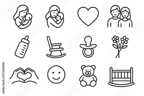 Maternal Icon Set. Maternal bond. Line icon set of maternal bond: mother holding baby, hug, heart, family, baby bottle, rocking chair, pacifier, flowers, hands