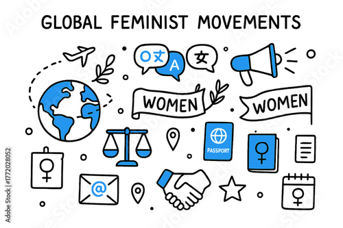 Global Feminist Icons. Global feminist movements. Hand-drawn doodle illustration global feminist movements globe (accented), airplane line, translation bubbles