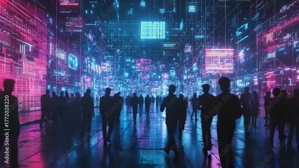 custom made wallpaper toronto digitalFuturistic Digital Cityscape with Silhouettes of People Walking.