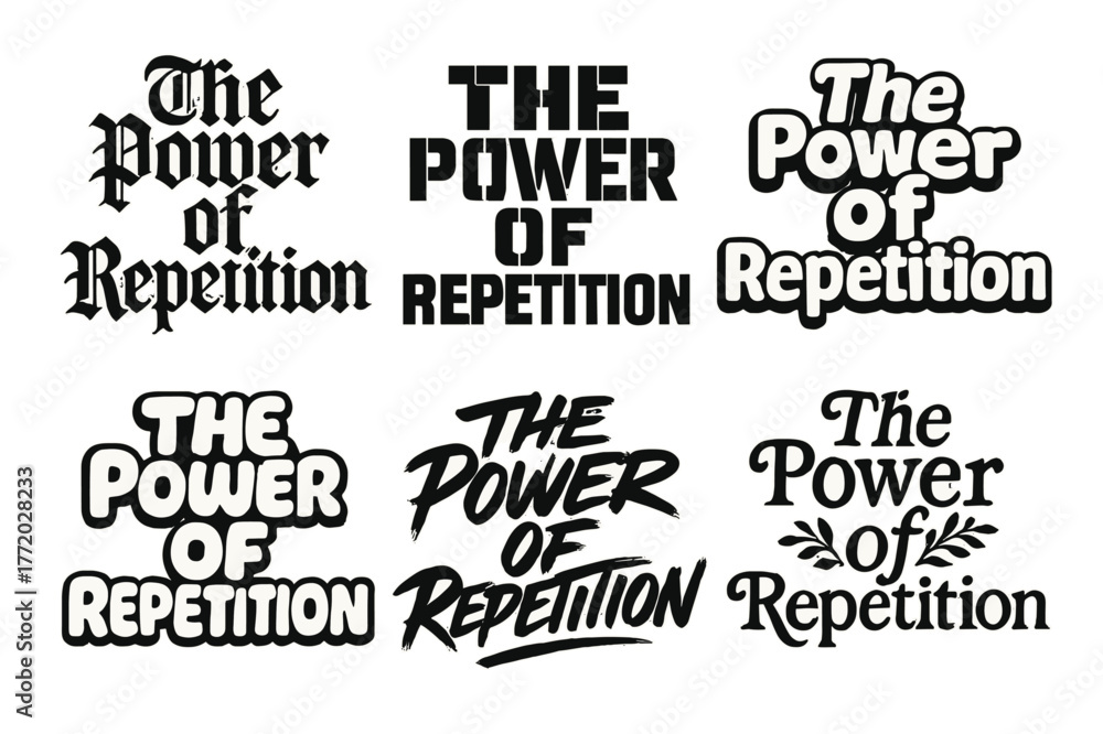 Obraz premium Harmonious Lettering Variations. The power of repetition. Set lettering. harmonious lettering variations of the same emblematic concept, each with different
