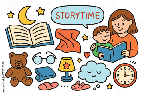 Storytime Dreams. Storytime moments. Colorful Hand-drawn doodle Children illustration Storytime moments open book, glasses, moon, stars, blanket, stuffed bear,