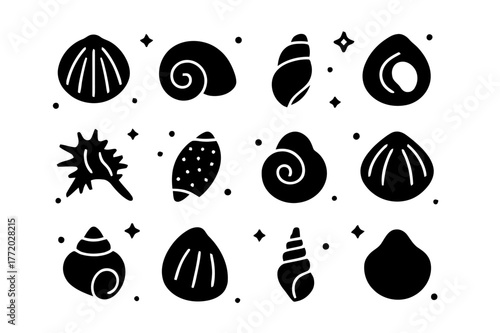 Seashell Icons Collection. Beachcombing Seashells. Solid icons set of Beachcombing Seashells: cockle shell, moon snail shell, tulip shell, olive shell, murex