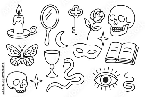 Symbolic Doodle Icons. Symbolism and imagery. Hand-drawn doodle illustration Symbolism and imagery candle, mirror, key, rose, skull, butterfly, star, moon,