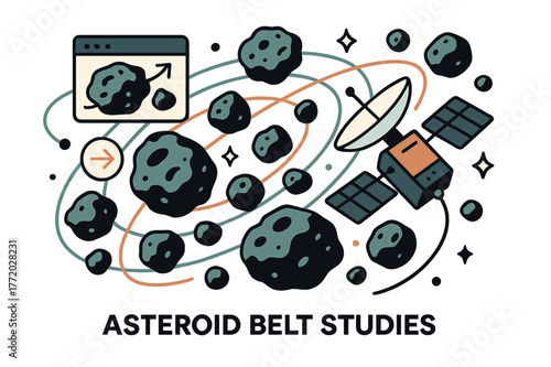 Asteroid Exploration Illustration. Asteroid belt studies. Space probe mapping asteroid belt with abstract floating orbit lines, asteroids, and sparkles;